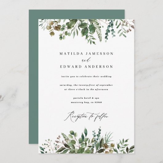 Waterverf blad groene botanische bruiloft aankondiging (Voorkant / Achterkant)