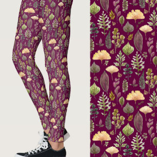 Waterverf bladeren en varens herfst bos bordeauxro leggings