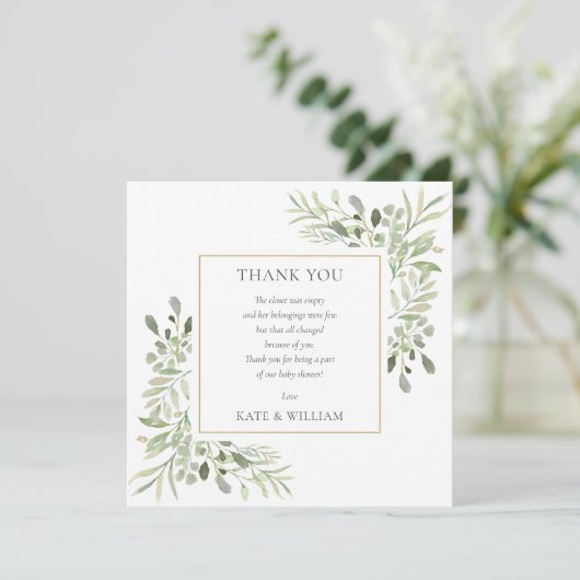 Waterverf Bladeren Groene Baby Shower Poëzie Bedankkaart (Staand voorkant)