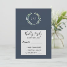 Waterverf bladeren op marineblauw monogramme RSVP