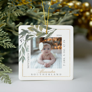 Waterverf Bladgroen Baby Geboortestatistieken Foto Keramisch Ornament