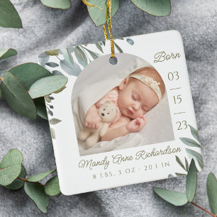 Waterverf Bladgroen Baby Geboortestatistieken Foto Keramisch Ornament