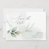 Waterverf bladgroen en metalen gouden bruiloft save the date (Voorkant)