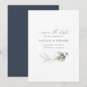 Waterverf bladgroen en metalen gouden bruiloft save the date