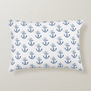 Waterverf Blauw Anker Nautisch Patroon Accent Kussen