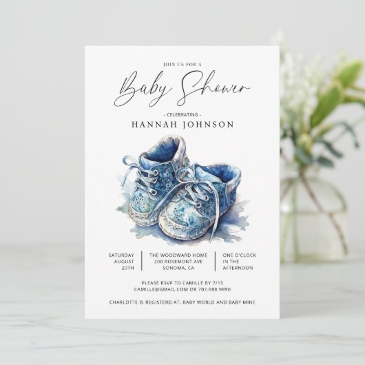 Waterverf Blauw Baby Schoenen Jongen Baby shower Kaart (Staand voorkant)