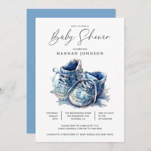 Waterverf Blauw Baby Schoenen Jongen Baby shower Kaart (Voorkant / Achterkant)