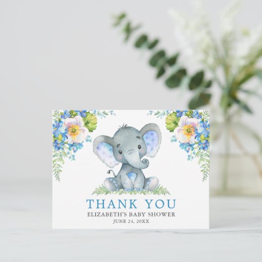 Waterverf Blauw Bloem Motief Olifant Baby Shower Briefkaart (Staand voorkant)