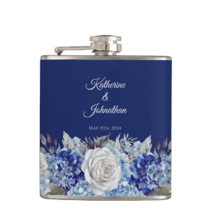 Waterverf Blauw Bloemboeket-Bruiloft- Heupfles