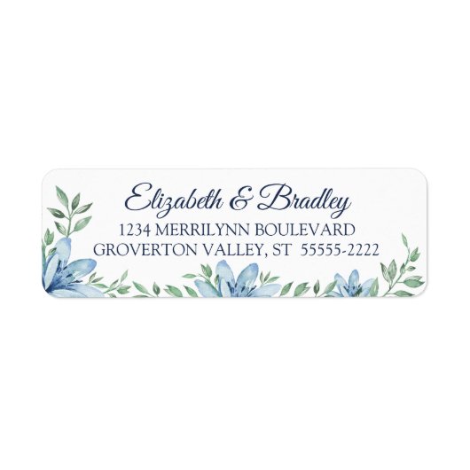Waterverf Blauw Bloemen Bruiloft Retouradres Etiket (Voorkant)