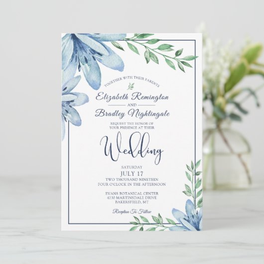 Waterverf Blauw Bloemen & Groen Bruiloft Kaart (Staand voorkant)