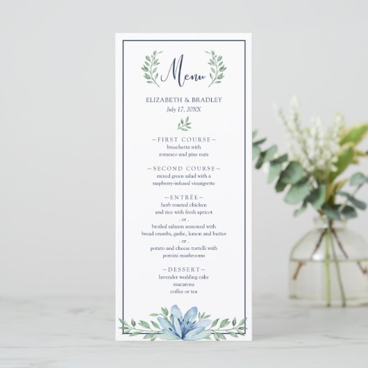 Waterverf Blauw Bloemen Groen Bruiloft Menu (Staand voorkant)