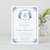 Waterverf Blauw Bloemen Monogram Crest Baby shower Kaart (Staand voorkant)