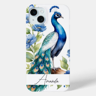 Waterverf Blauw Bloemen Peacock Aangepaste Tekst iPhone 15 Mini Hoesje