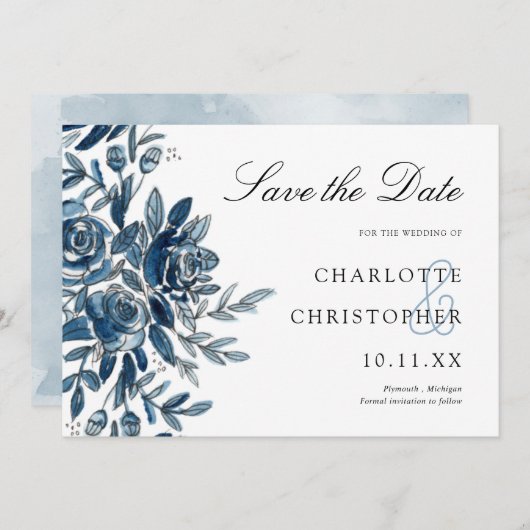 waterverf blauw bloemenhorizontaal Save the date Kaart (Voorkant / Achterkant)