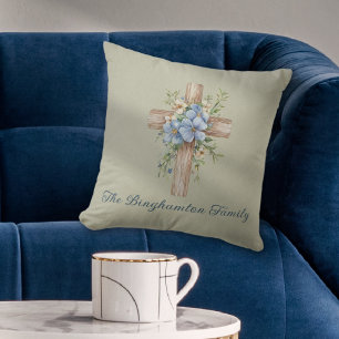 Waterverf Blauw Bloemenkruis gepersonaliseerd Kussen