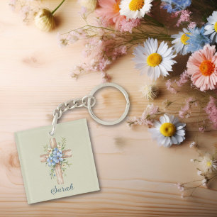Waterverf Blauw Bloemenkruis gepersonaliseerd Sleutelhanger