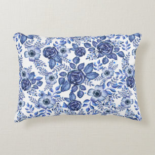 Waterverf Blauw Bloemenpatroon Accent Kussen