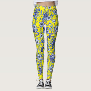 Waterverf Blauw Bloemenpatroon B Geel BG Leggings