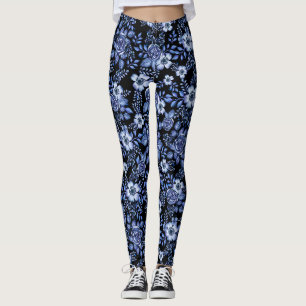 Waterverf Blauw Bloemenpatroon Zwart BG Leggings