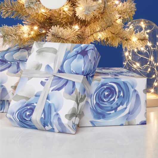  waterverf blauw bloemmotief cadeaupapier (Feestdagen)