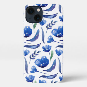 Waterverf blauw bloempatroon. Navy bloemen iPhone 13 Hoesje