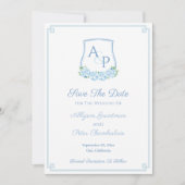 Waterverf Blauw Botanisch Monogram Trouw Wapen Save The Date (Voorkant)