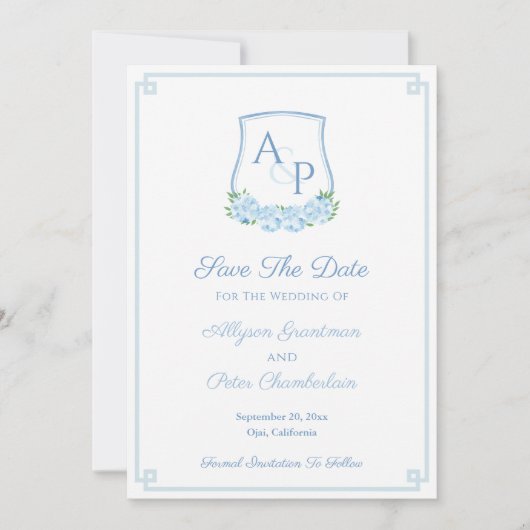 Waterverf Blauw Botanisch Monogram Trouw Wapen Save The Date (Voorkant)