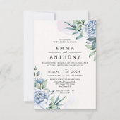 Waterverf Blauw Elegant Bloem Bruiloft Uitnodiging (Voorkant)