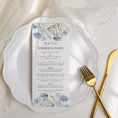 Waterverf Blauw Elegant Bloemen Bruiloft Menu