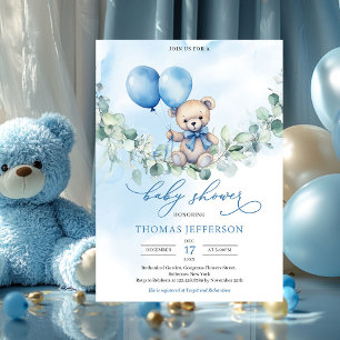 Waterverf blauw en bruin teddybeer met ballonnen kaart
