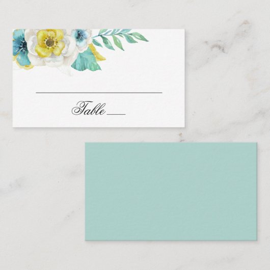 Waterverf blauw en geel. Bloemenbruiloft Plaatskaartje (Voorkant / Achterkant)