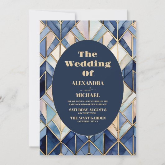 Waterverf Blauw en Goud Art Deco Bruiloft Kaart (Voorkant)