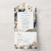 Waterverf Blauw en Goud Bloemen Huwelijk All In One Uitnodiging (Binnen)