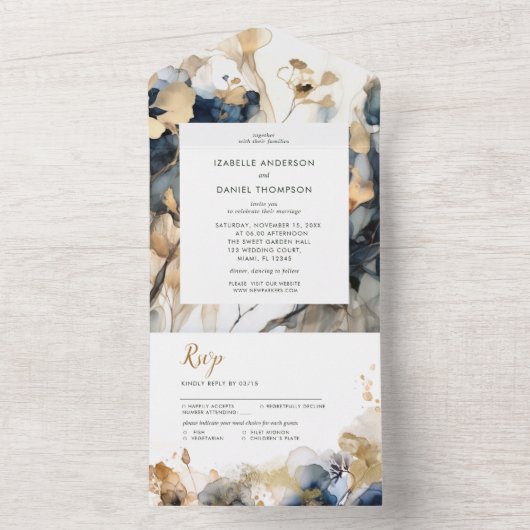 Waterverf Blauw en Goud Bloemen Huwelijk All In One Uitnodiging (Binnen)