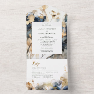 Waterverf Blauw en Goud Bloemen Huwelijk All In One Uitnodiging