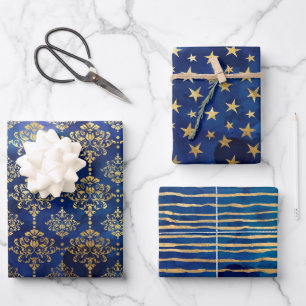 Waterverf Blauw en Goud Inkt Fantasie Patronen Inpakpapier Vel