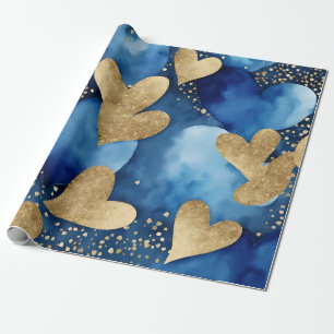 Waterverf Blauw en Goud Inkt Valentijnsharten Cadeaupapier