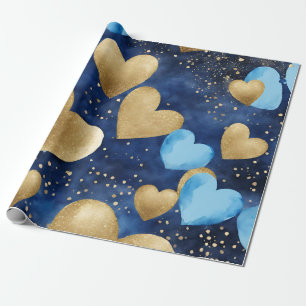 Waterverf Blauw en Goud Inkt Valentijnsharten Cadeaupapier