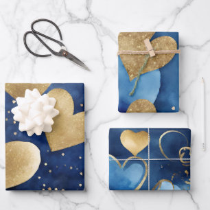 Waterverf Blauw en Goud Inkt Valentijnsharten Inpakpapier Vel