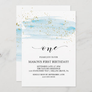Waterverf blauw en goudpels eerste verjaardag kaart