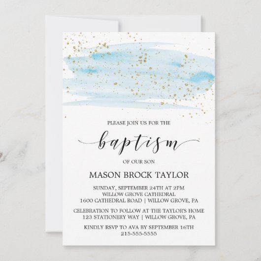 Waterverf Blauw en goudsparkle Baptisme Kaart (Voorkant)