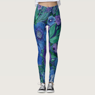 waterverf, blauw en paars, waterverf anemonen leggings