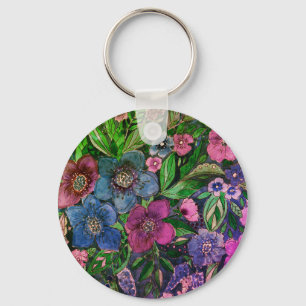 waterverf, blauw en paars, waterverf anemonen sleutelhanger