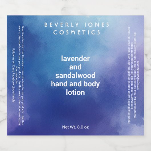 Waterverf Blauw en Paarse cosmetica flesetiket Sparkling Wijnetiket (Enkel label)