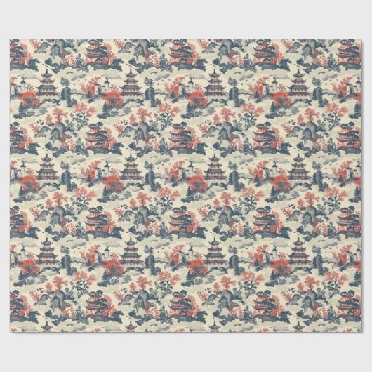 Waterverf blauw en rood China kasteelpagode Cadeaupapier (Vlak)