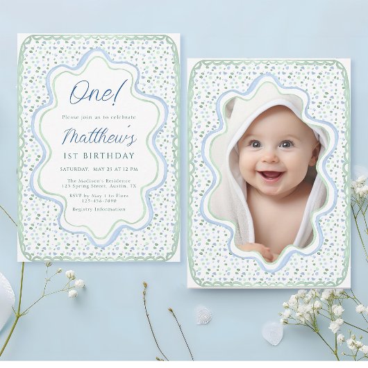 Waterverf Blauw en Sage Groen 1e Verjaardag Foto Kaart
