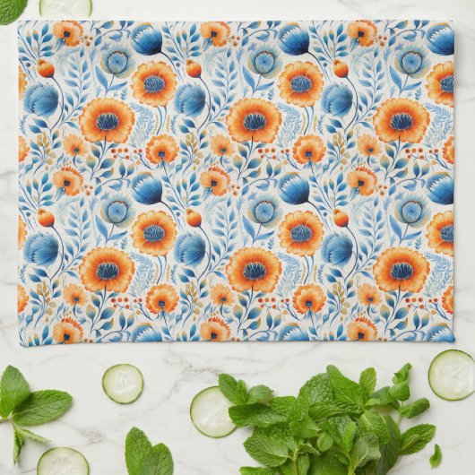 Waterverf Blauw en Sinaasappel Bloemen Keuken Hand Theedoek (Gevouwen)