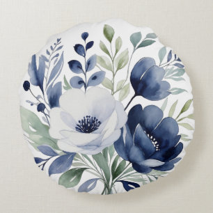 Waterverf Blauw en Wit Bloemboeket Rond Kussen