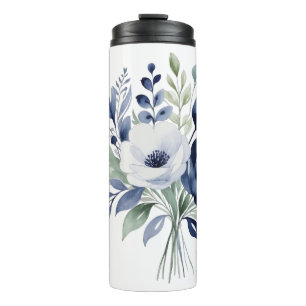 Waterverf Blauw en Wit Bloemboeket  Thermosbeker